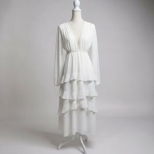 Forever 21 White Cut Out Maxi Dress Long Sleeve Boho Ruffle Tiered Etherial Sz S